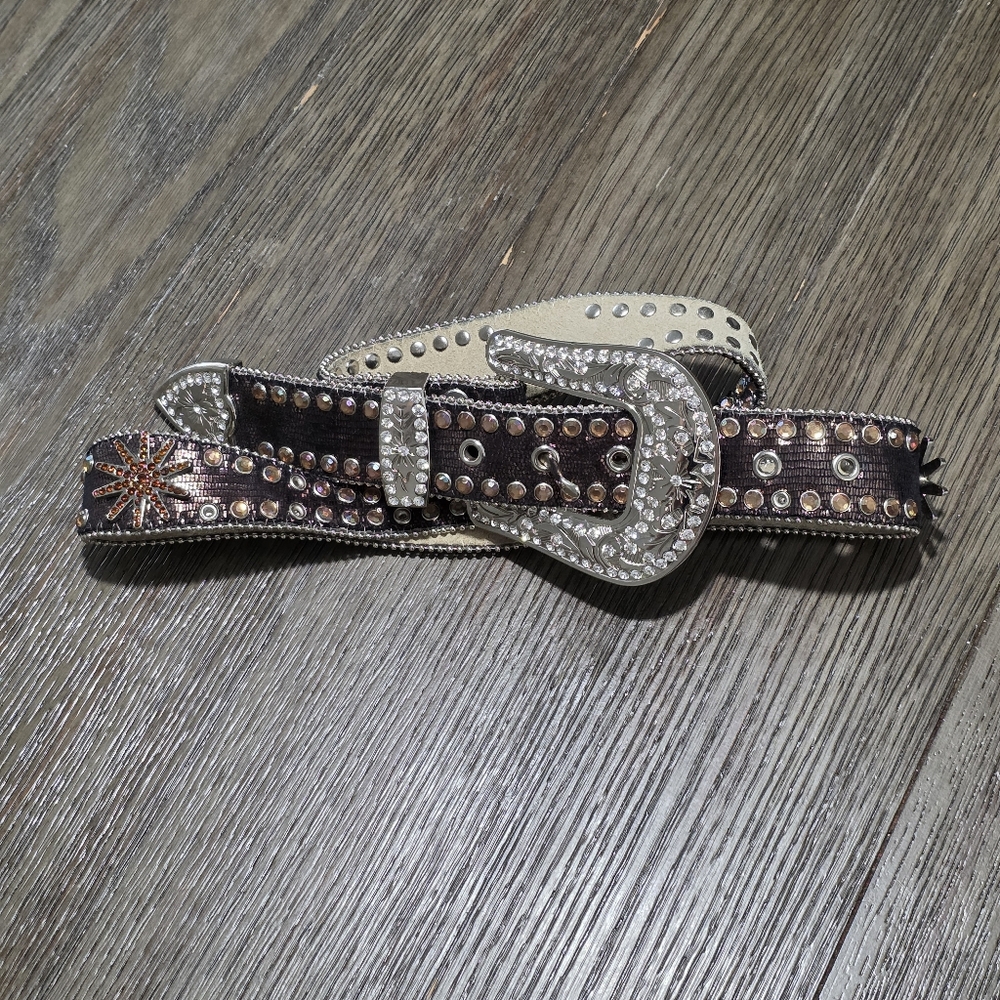 Blazin Roxx Genuine Leather Brown Glitz Tooled Rhinestone Western Belt Sz Large